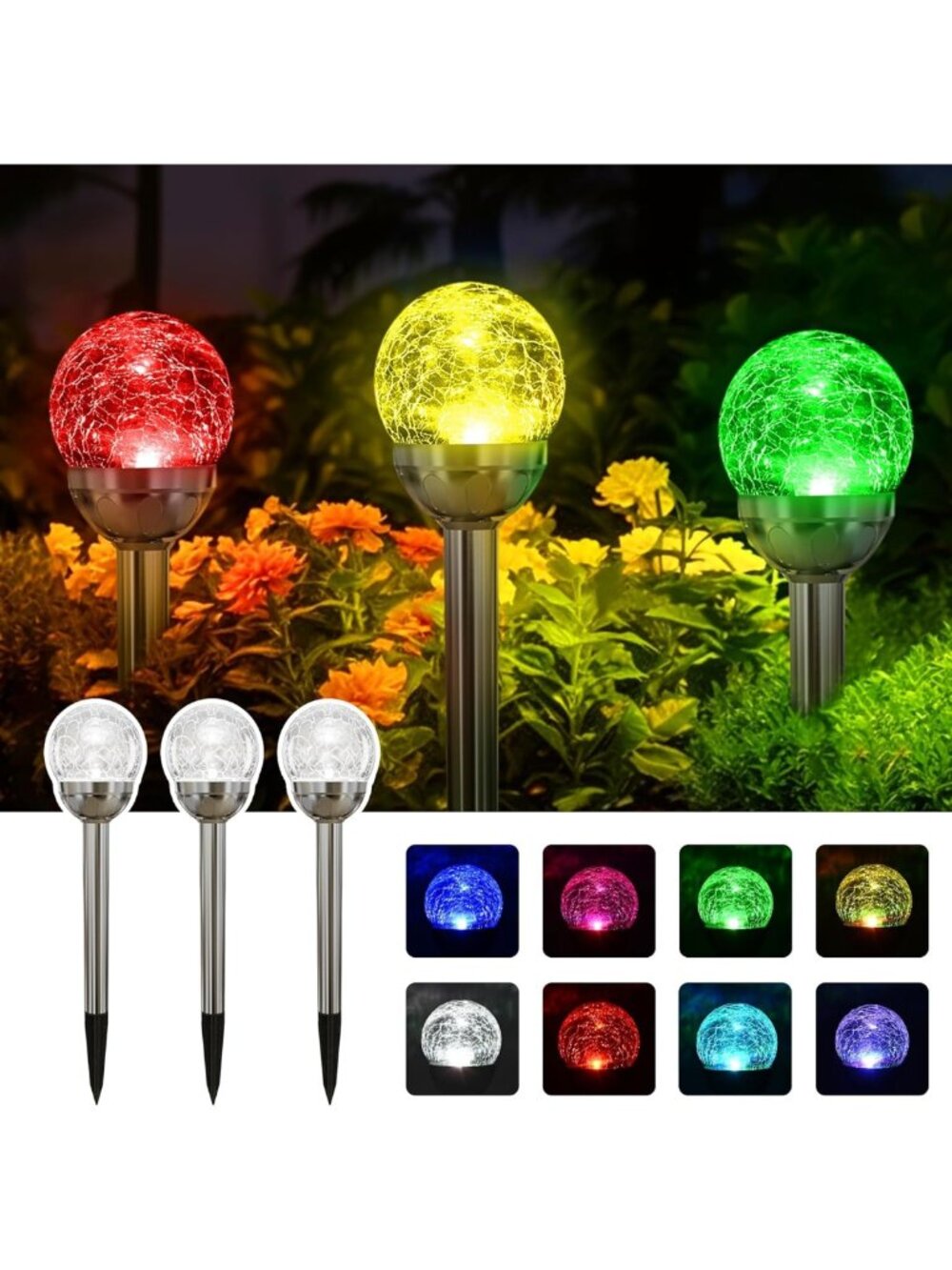 Colorful Solar Garden Lights - 3 Pack Waterproof Glass Ball Outdoor Decor